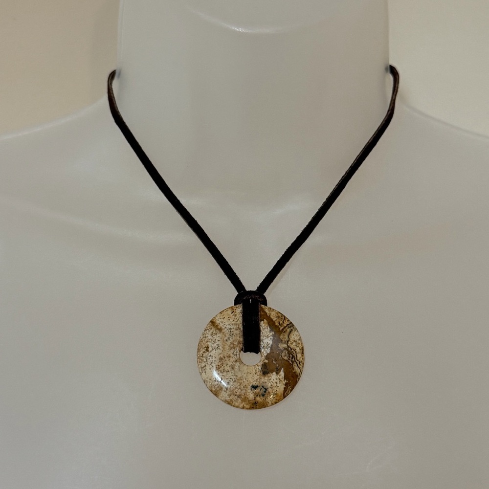 NWOT Natural Brown Jasper Donut Pendant Necklace on a Brown Leather Cord